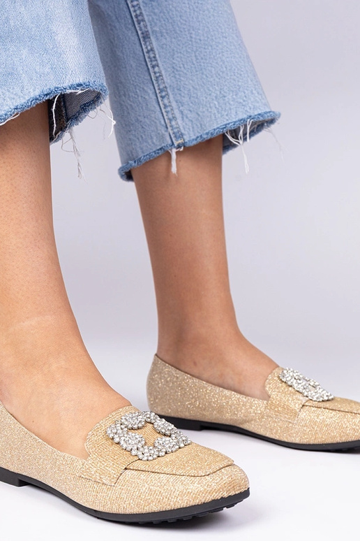 Złote brokatowe mokasyny z cyrkoniami...