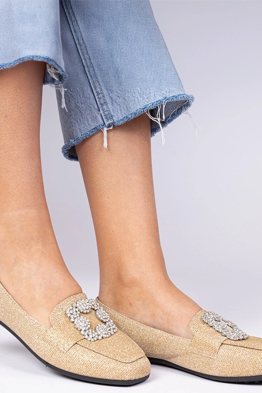 Złote brokatowe mokasyny z cyrkoniami...
