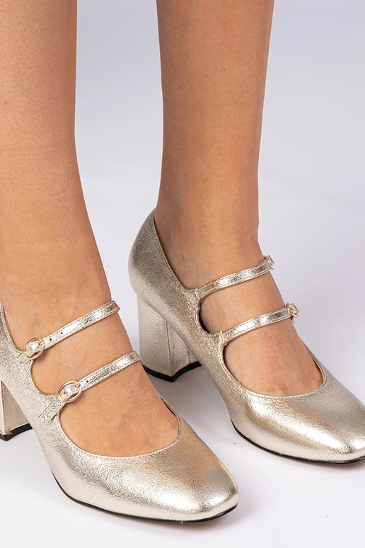 Złote czółenka damskie na słupku ze... Złote czółenka damskie na słupku ze...