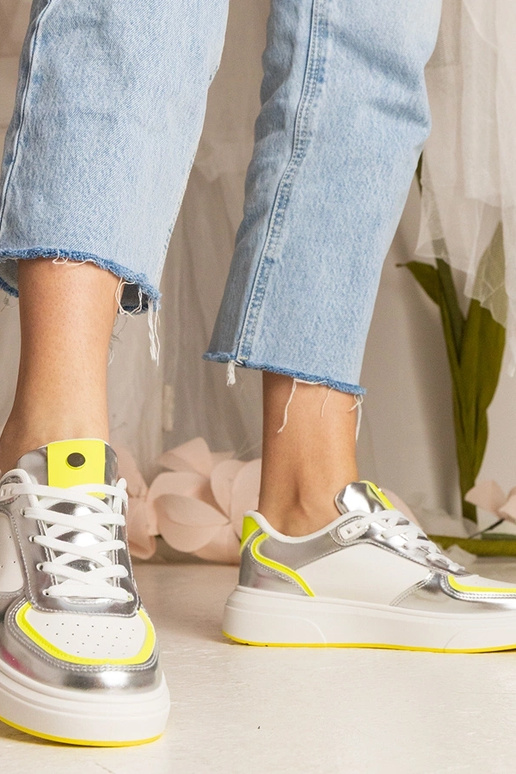 Srebrne sneakersy damskie z neonowym... Srebrne sneakersy damskie z neonowym...