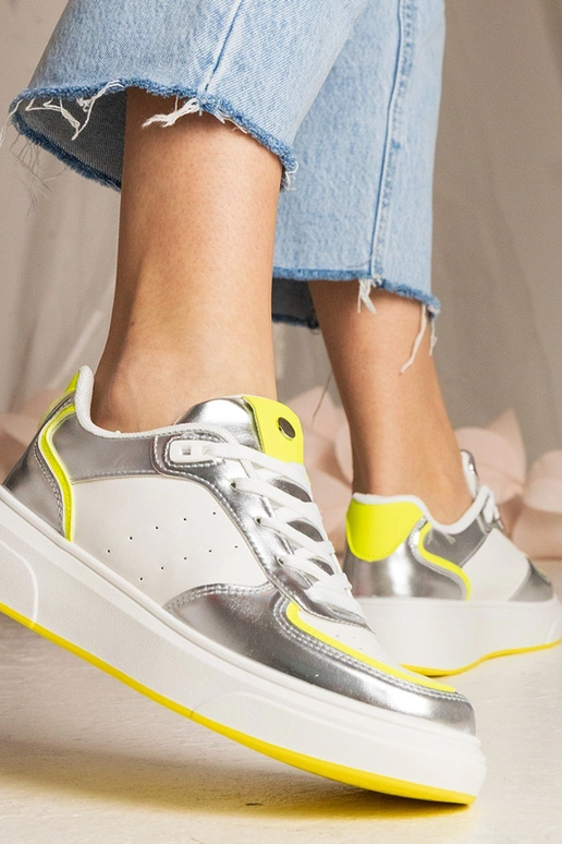 Srebrne sneakersy damskie z neonowym... Srebrne sneakersy damskie z neonowym...