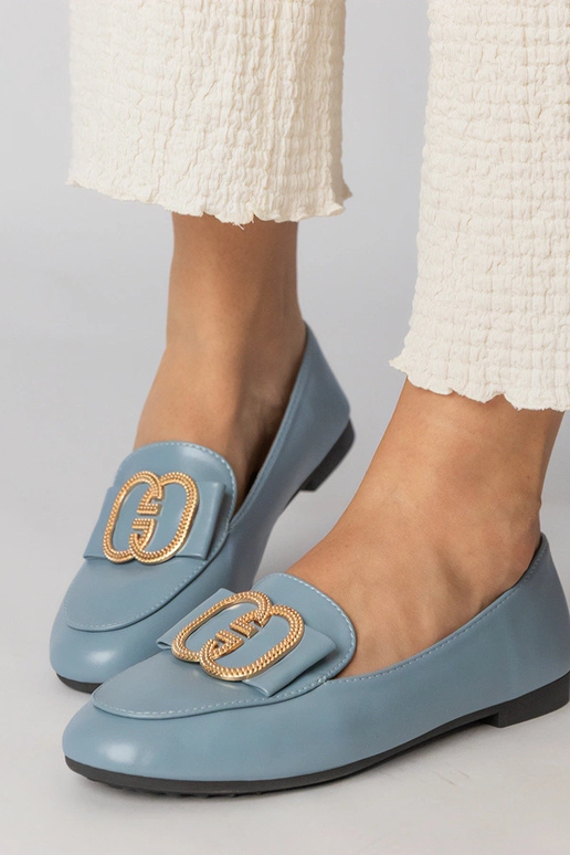 Niebieskie mokasyny damskie ze złotą...
