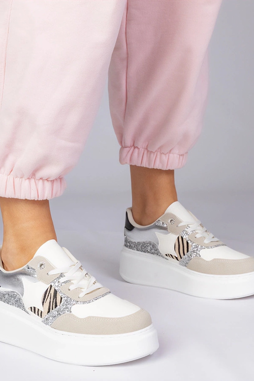 Beżowe sneakersy z brokatem i...