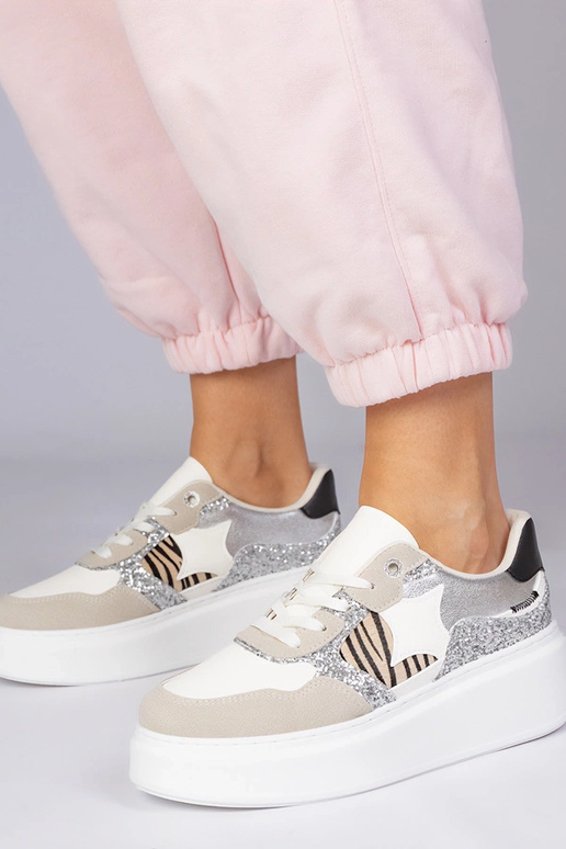 Beżowe sneakersy z brokatem i...