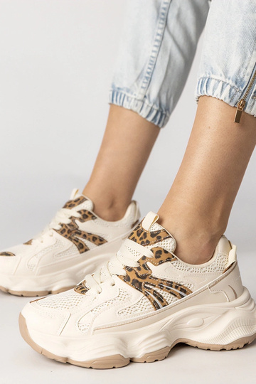 Beżowe sneakersy damskie sportowe z panterkową wstawką Sandra