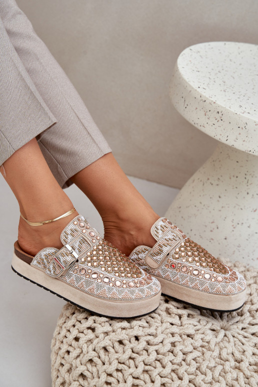 Decorated Slippers On A Platform Beige Terfitra