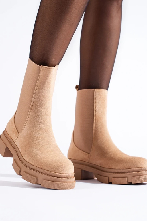 Botki wysokie sztyblety zamszowe beżowe