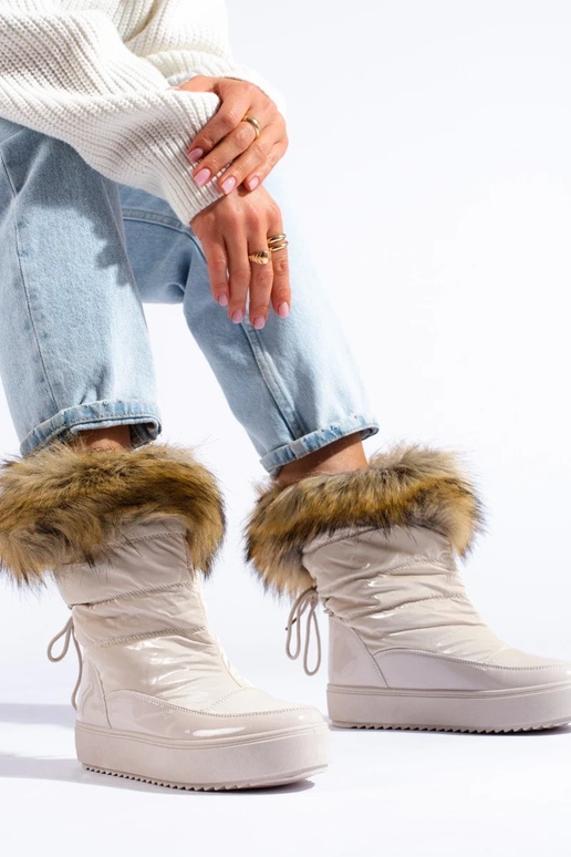 Damskie kremowe śniegowce z futerkiem