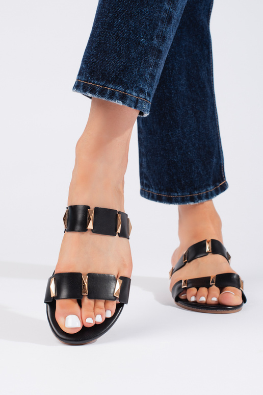 black womens slippers  on a flat sole black womens slippers  on a flat sole