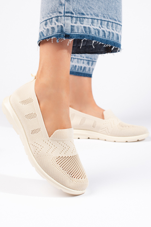 beige textile slip on womens