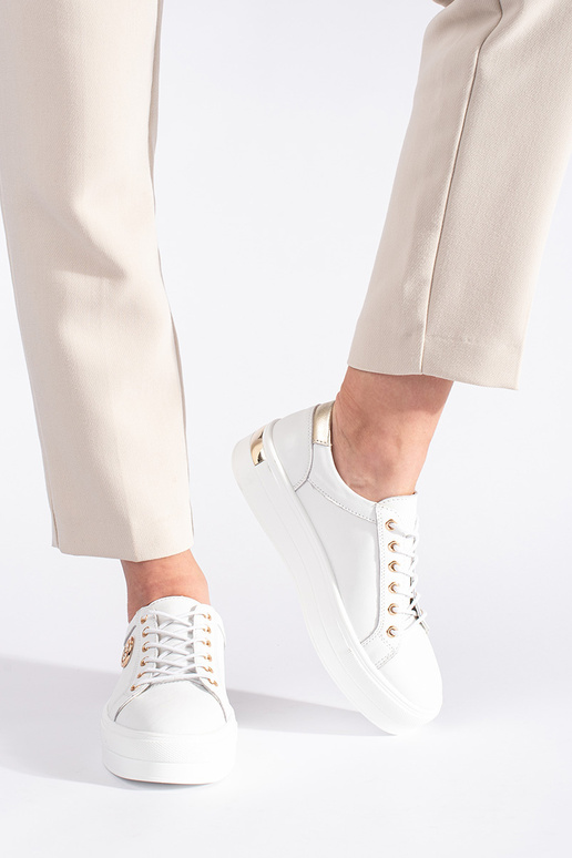 Białe skórzane sneakersy na grubej...