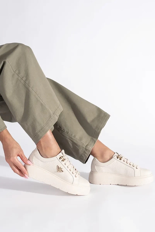 Skórzane beżowe sneakersy na platformie