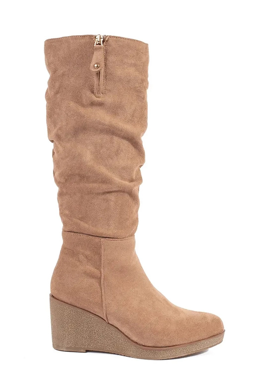 Beige suede long boots on platform
