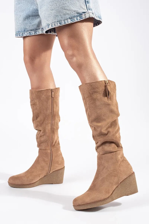 Beige suede long boots on platform