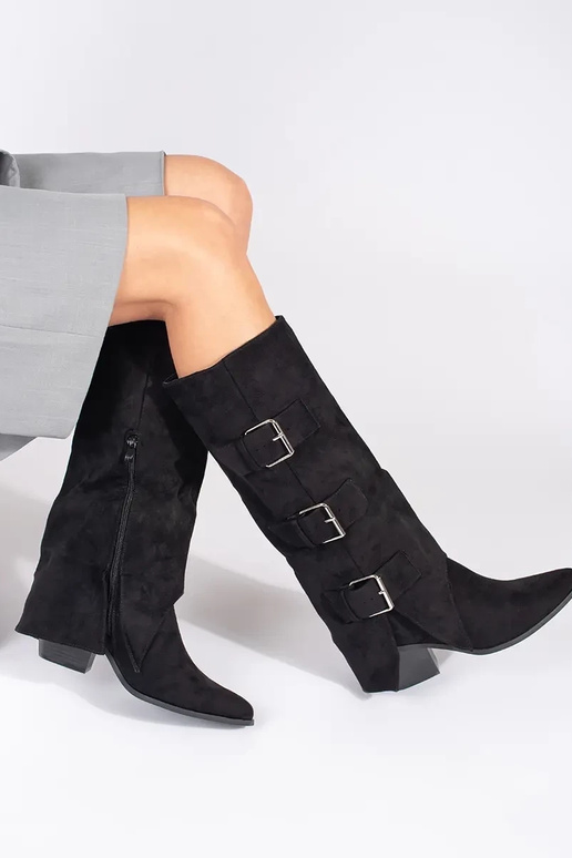 Black suede heeled boots with buckles Black suede heeled boots with buckles