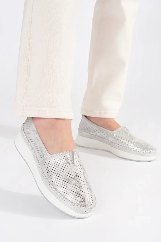 silver color shoes made of natural...