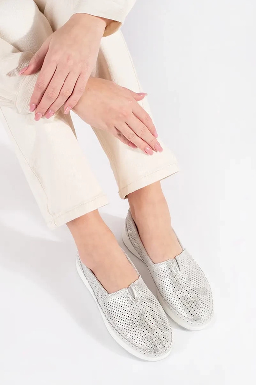silver color shoes made of natural...