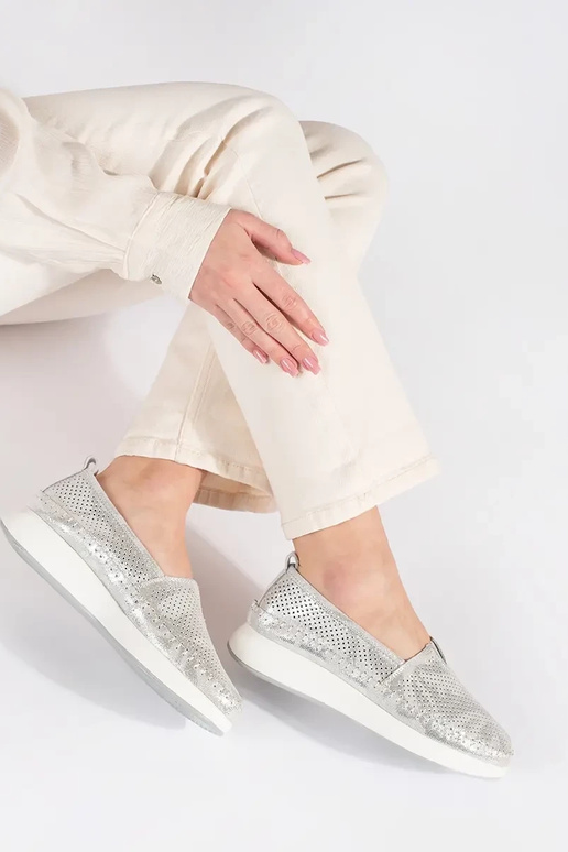silver color shoes made of natural...