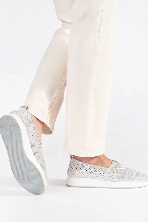 silver color shoes made of natural...