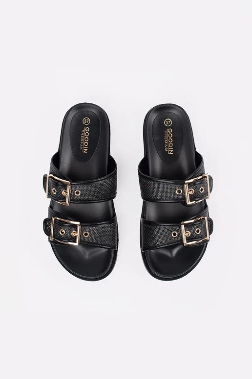 black slippers flat Inith buckles