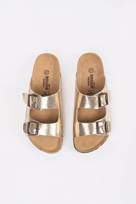 gold color slippers on a flat sole gold color slippers on a flat sole