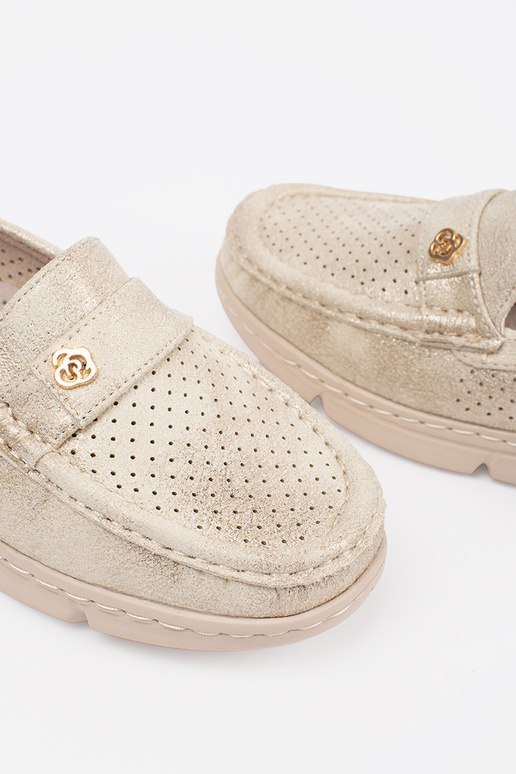 Złote ażurowe mokasyny ze złotym... Złote ażurowe mokasyny ze złotym...