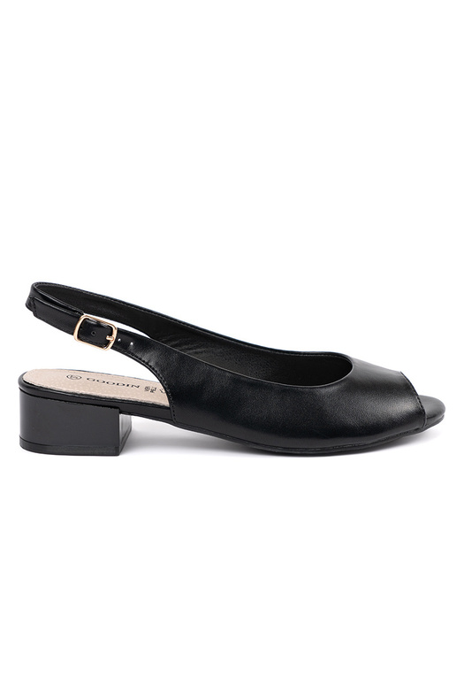 black elegant sandals on a loIn heel