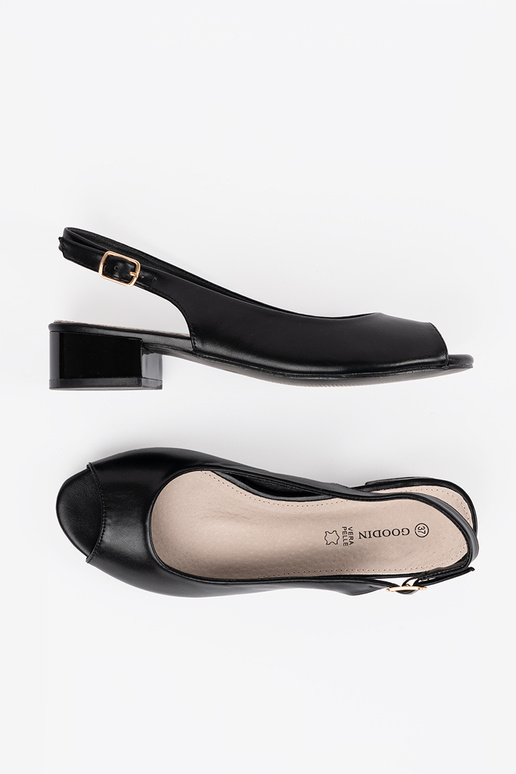 black elegant sandals on a loIn heel