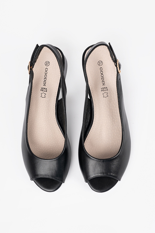 black elegant sandals on a loIn heel