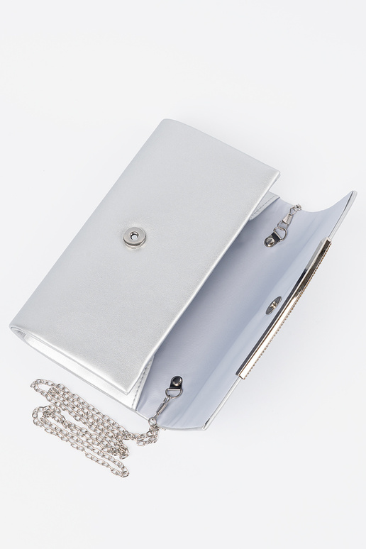 silver color clutch bag Inith chain