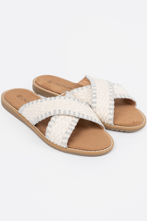 INhite color slippers braided on a...