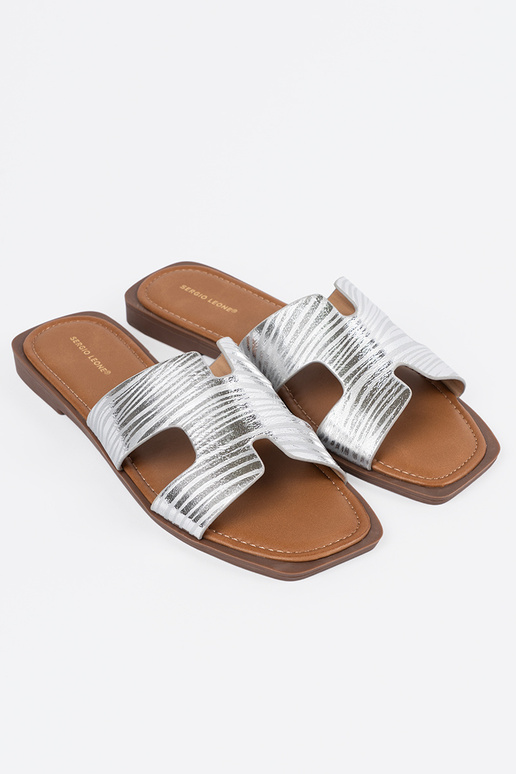silver color slippers Inith a square toe
