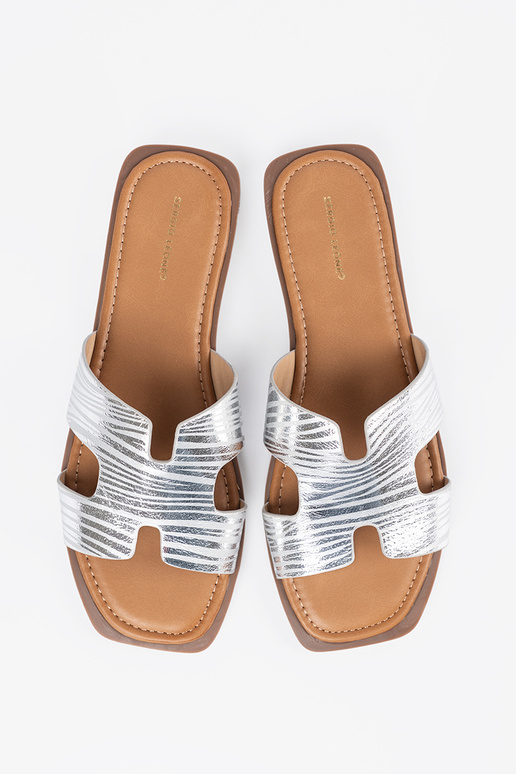 silver color slippers Inith a square toe