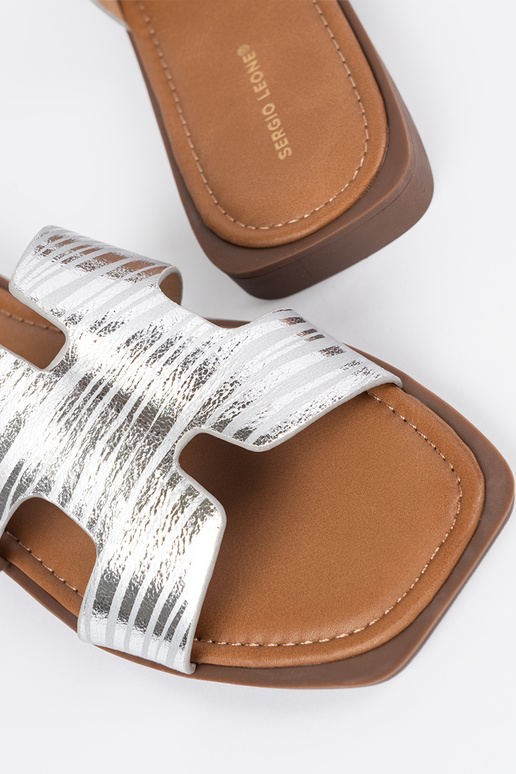 silver color slippers Inith a square toe