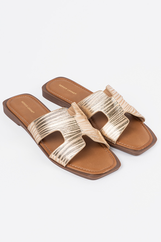 gold color slippers Inith a square toe