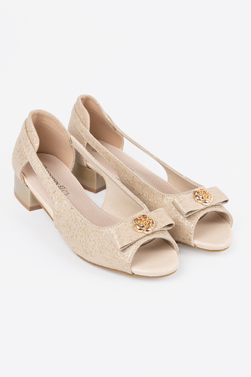 gold color shoes Inith open... 2