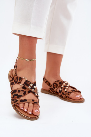 Womens sandals on flat heel with golden studs leopard print Zanira