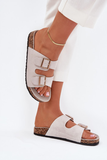 Women's sandals with golden buckles and stitching gray Lunera