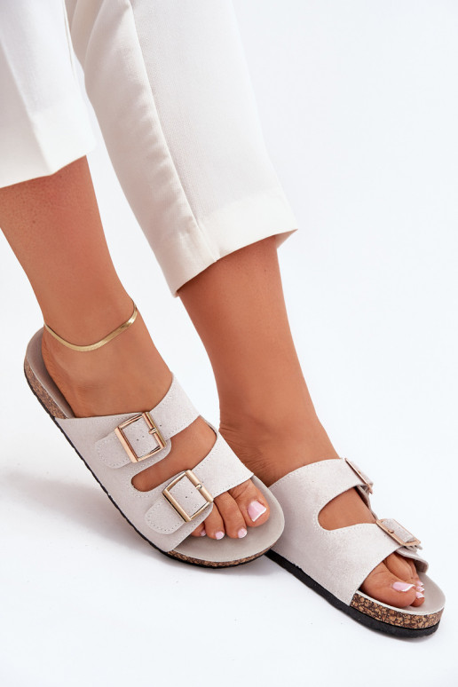 Women's sandals with golden buckles and stitching gray Lunera