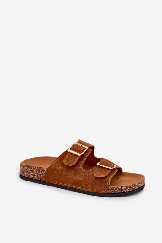 Women's Slippers With Golden Buckles And Stitching Camel Lunera