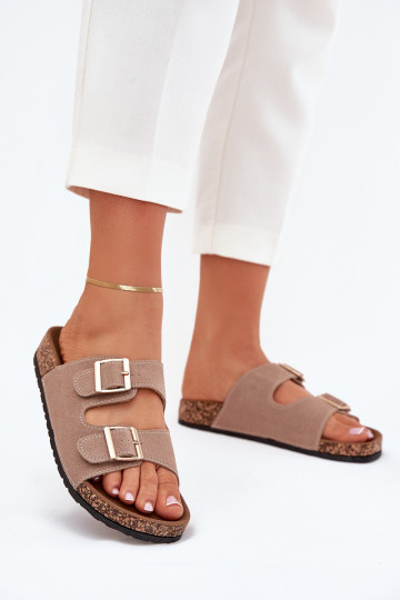 Women's sandals with golden buckles and stitching khaki Lunera 2