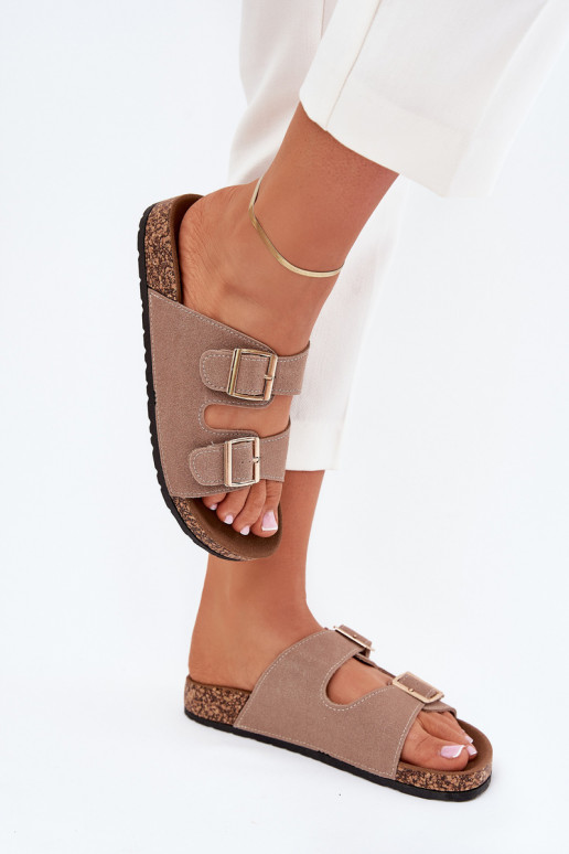 Women's sandals with golden buckles and stitching khaki Lunera