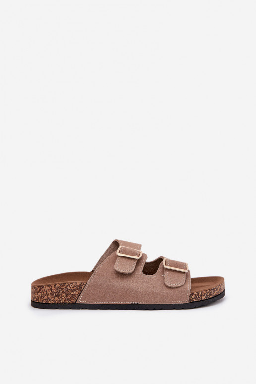 Women's sandals with golden buckles and stitching khaki Lunera