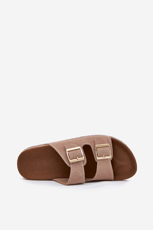 Women's sandals with golden buckles and stitching khaki Lunera