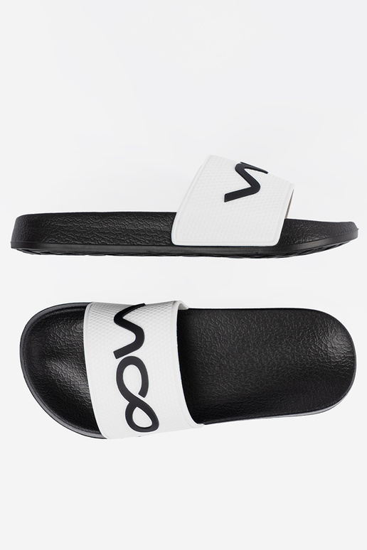 INhite-black slippers Inith the inscription