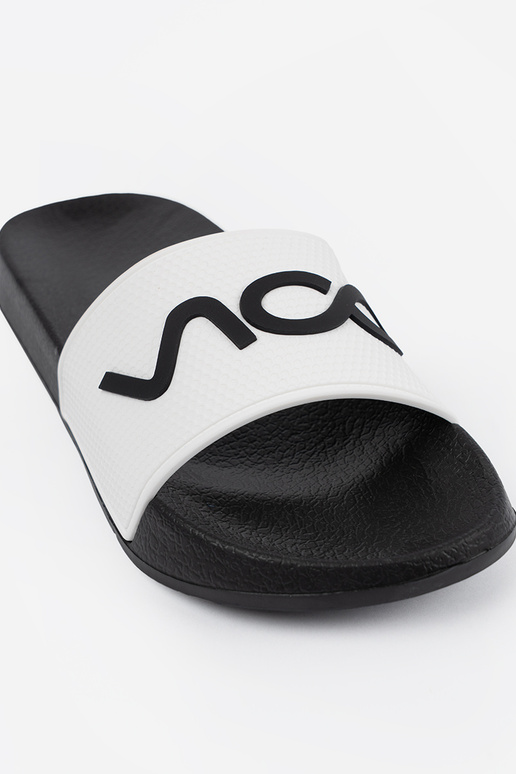 INhite-black slippers Inith the inscription