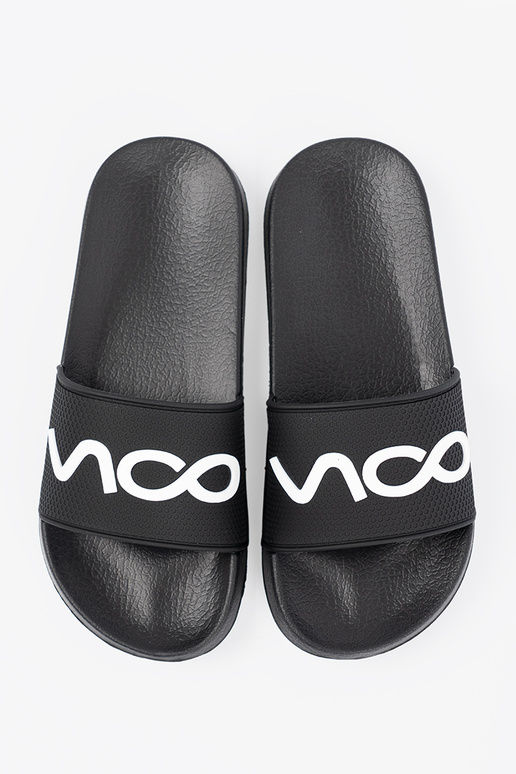 black slippers Inith the inscription