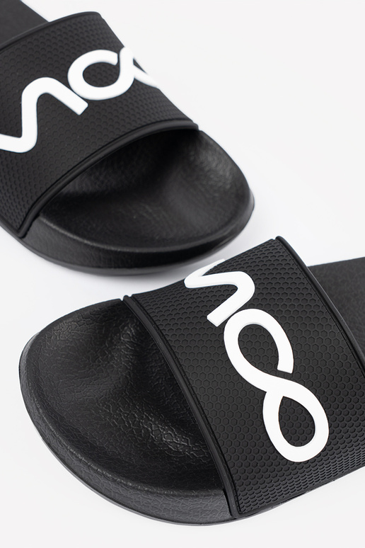 black slippers Inith the inscription