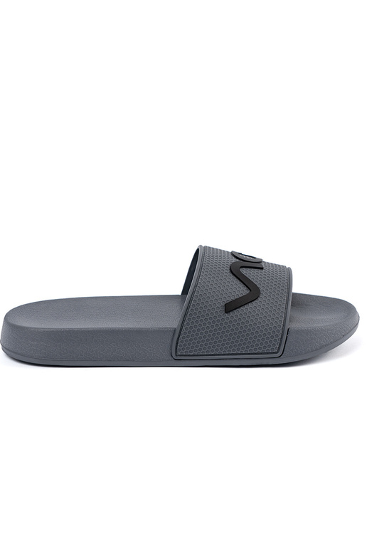 gray slippers Inith the inscription