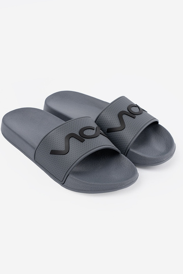 gray slippers Inith the inscription